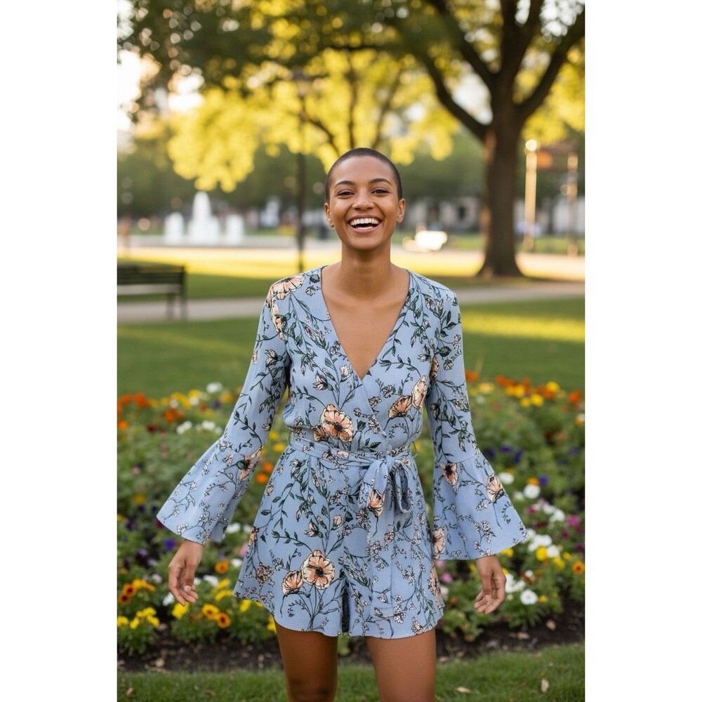 Cotton On long flared sleeve v-neck floral elastic waist romper w/tie XS summer